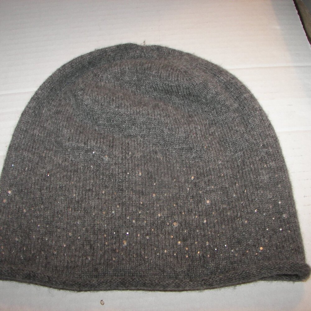 Grey cashmere women's beanie with sequins affixed to front side; unbranded